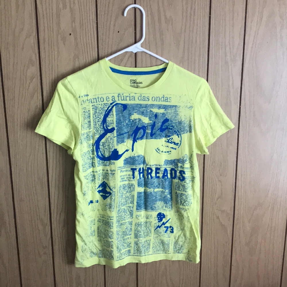 *3 for $15* Yellow T shirt Blue Newspaper Print